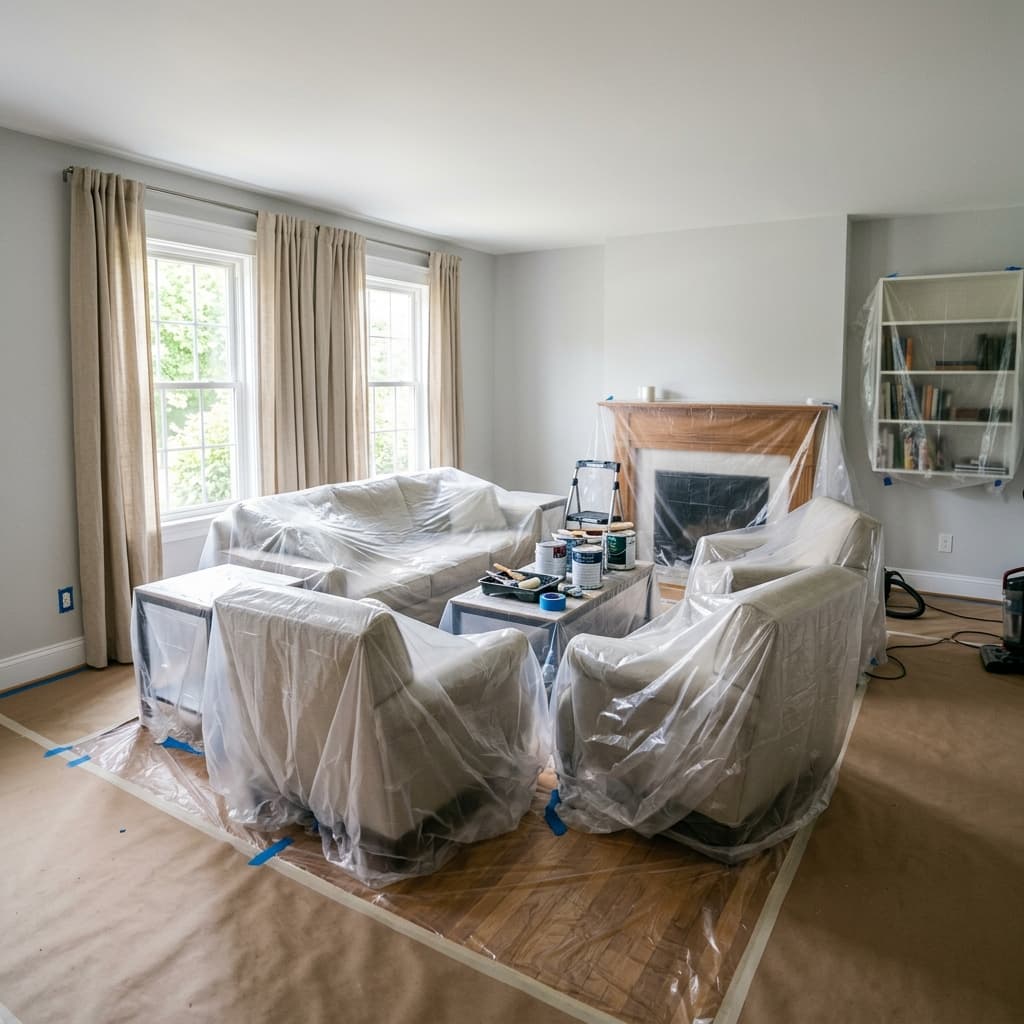 Eşyalı ev boyama sonrası düzenli bırakılmış oturma odası