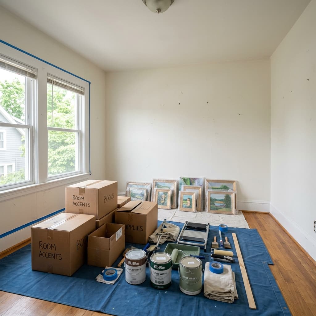 Boya öncesi hazırlığı yapılmış ve korumaya alınmış ev odası
