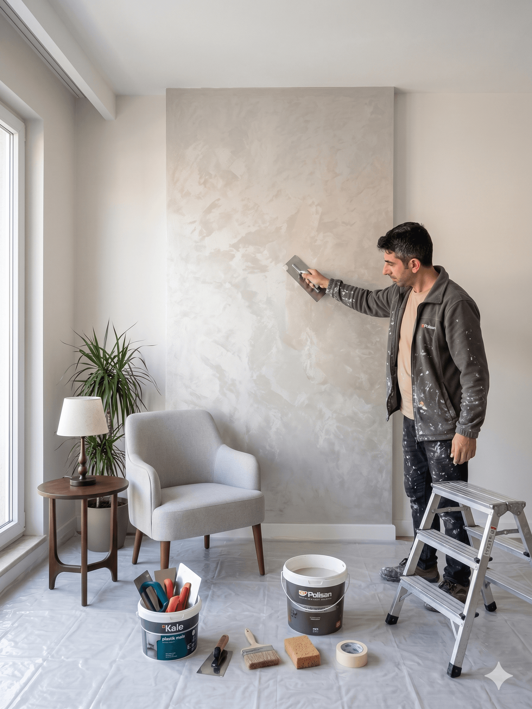 Dekoratif boya uygulanmış şık ve sade vurgu duvarlı salon