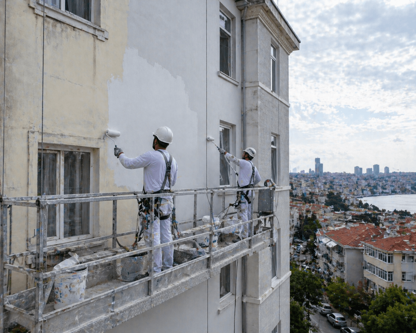 Dış cephe boyama sonrası bakımlı görünüm kazanmış apartman cephesi